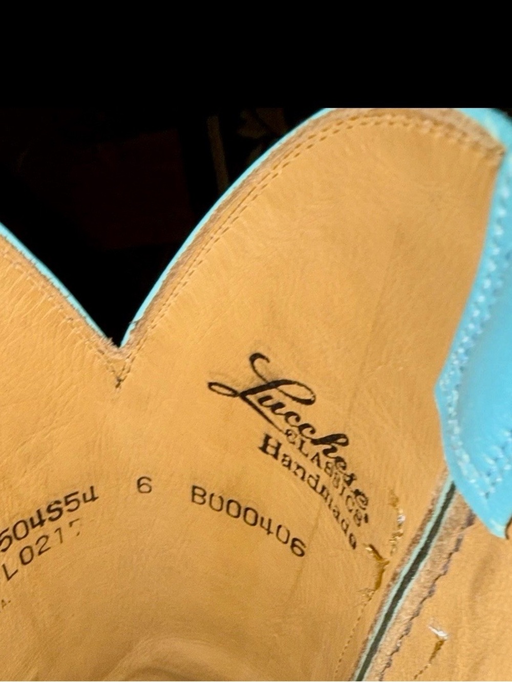 LUCCHESE DESTROYED GOAT LEATHER EAGLE STITCHED TURQUOISE COWBOY BOOTS, size 6 - Picture 6 of 6